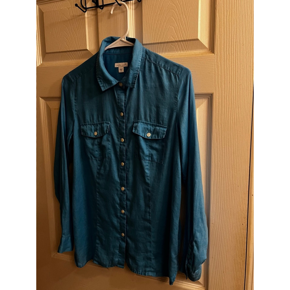 J.JILL~ Women’s Teal 100% Love Linen Button Down Shirt~XS~ Runs Big~ - Picture 7 of 10